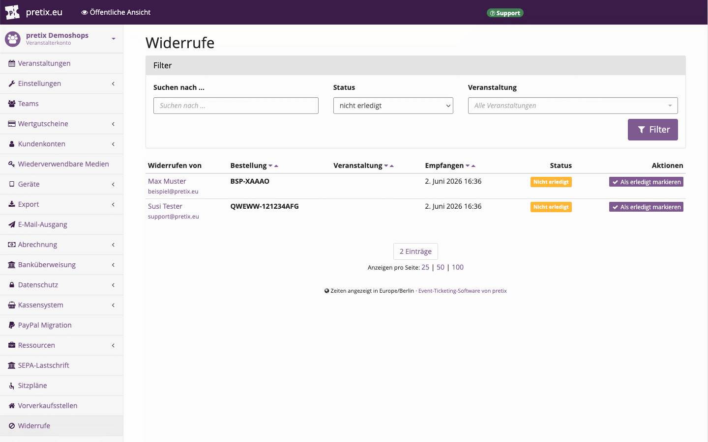 Screenshot einer Liste von Widerrufen aus dem pretix-Backend.