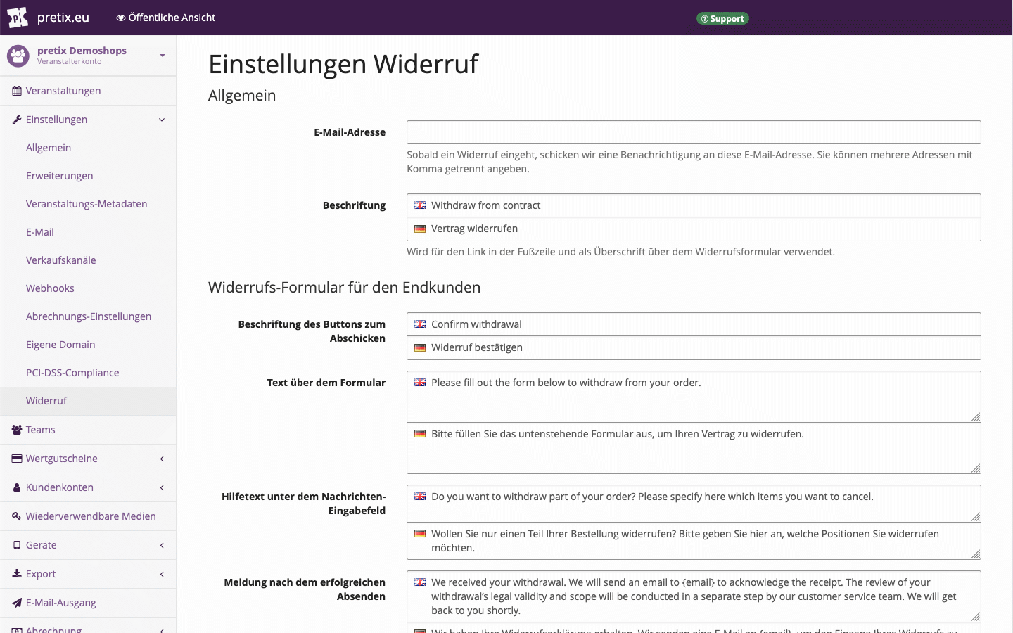 Screenshot zu den Einstellungen des Plugins „Widerruf“ im pretix-Backend.