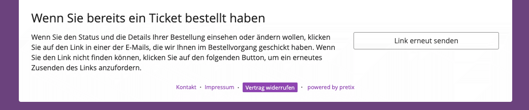Screenshot der Fußzeile eines pretix-Shops mit diversen Links und dem lila hinterlegten Widerrufsbutton.