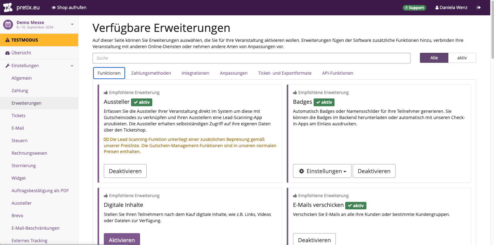 Zu sehen ist das pretix Backend mit dem aufgeklappten Menüpunkt "Erweiterungen"