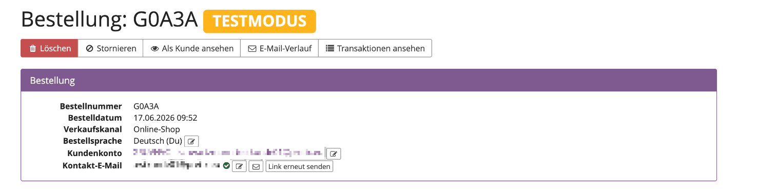 Screenshot einer Bestellung im Testmodus mit großem gelben Hinweis "Testmodus"