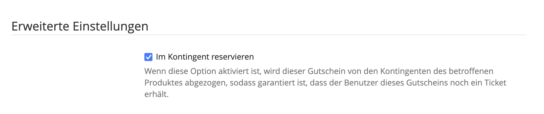 Screenshot aus den pretix-Einstellungen zeigt das gesetzte Häkchen, um einen Gutschein im Kontingent zu reservieren