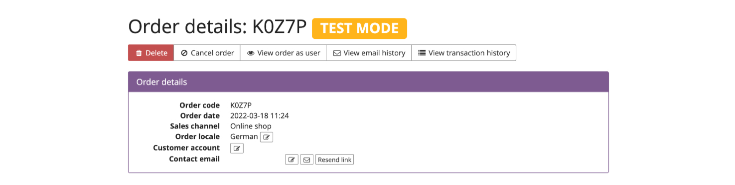 Screenshot of an order in test mode with a big label indicating the mode.