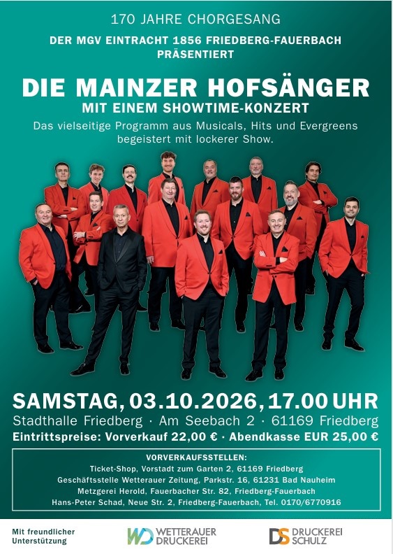 DIE MAINZER HOFSÄNGER MIT EINEM SHOWTIME-KONZERT Das vielseitige Programm aus Musicals, Hits und Evergreens