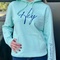 Hoodie "Hey du wunderbarer Mensch". Farbe: caribbean blue, Druckfarbe royal blue
